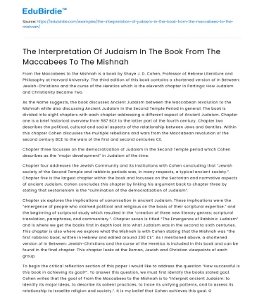 Interpretation of Judaism in Maccabees to Mishnah