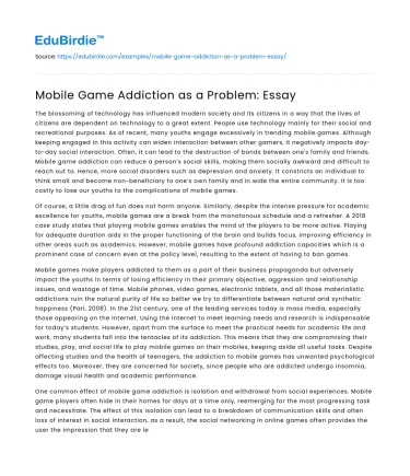 Mobile Game Addiction as a Problem: Essay