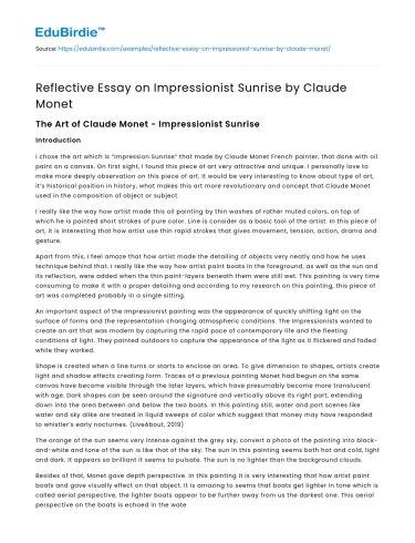 Reflective Essay on Impressionist Sunrise by Claude Monet
