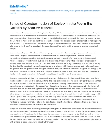 Sense of Condemnation of Society in the Poem the Garden by Andrew Marvell