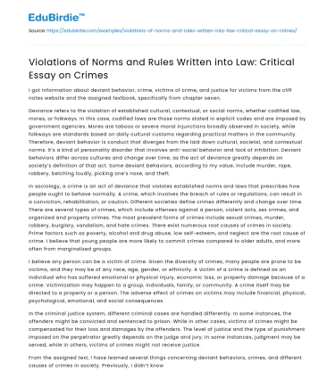 Violations of Norms and Rules Written into Law on Crimes