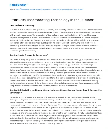 Starbucks: Incorporating Technology in the Business