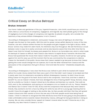 Critical Essay on Brutus Betrayal