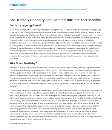 Eco-friendly Dentistry Peculiarities: Barriers And Benefits