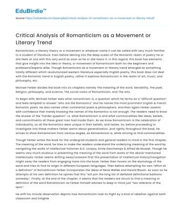 Critical Analysis of Romanticism as a Movement or Literary Trend