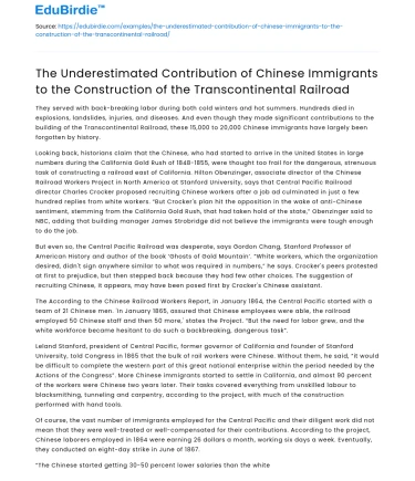Chinese Immigrants’ Role in Building the Transcontinental Railroad