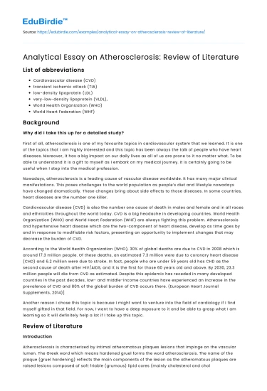 Analytical Essay on Atherosclerosis: Review of Literature