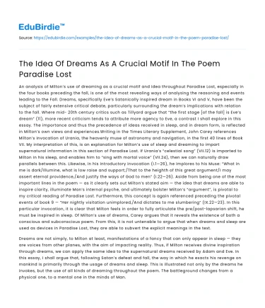 The Idea Of Dreams As A Crucial Motif In The Poem Paradise Lost