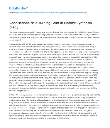 Renaissance as a Turning Point in History: Synthesis Essay