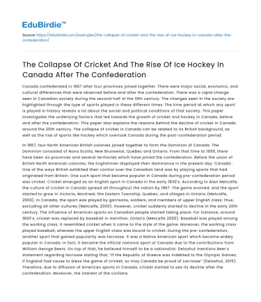 Cricket’s Collapse & Ice Hockey’s Rise in Canada Post-Confederation