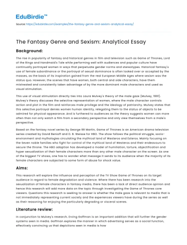The Fantasy Genre and Sexism: Analytical Essay
