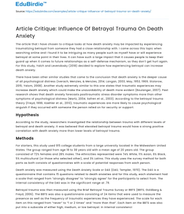 Article Critique: Influence Of Betrayal Trauma On Death Anxiety