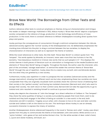 Brave New World: The Borrowings from Other Texts and its Effects