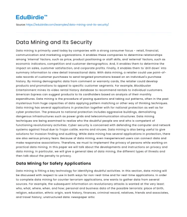 Data Mining and Its Security