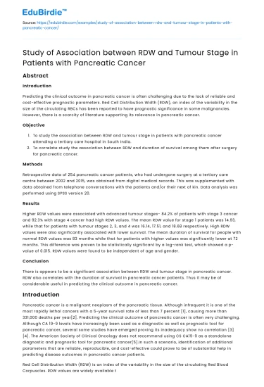RDW and Tumour Stage in Pancreatic Cancer