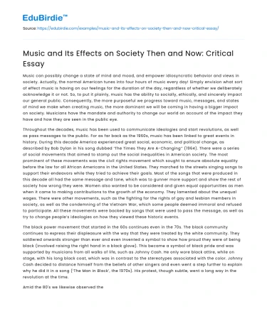 Music and Its Effects on Society Then and Now: Critical Essay