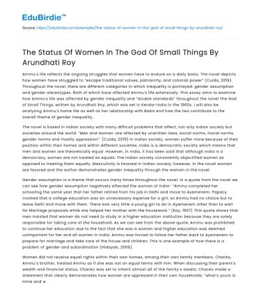 The Status Of Women In The God Of Small Things By Arundhati Roy