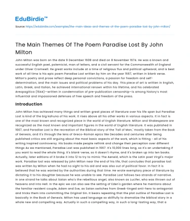 The Main Themes Of The Poem Paradise Lost By John Milton