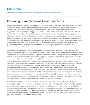 Returning Home Veterans Treatment Essay