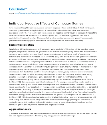 Individual Negative Effects of Computer Games