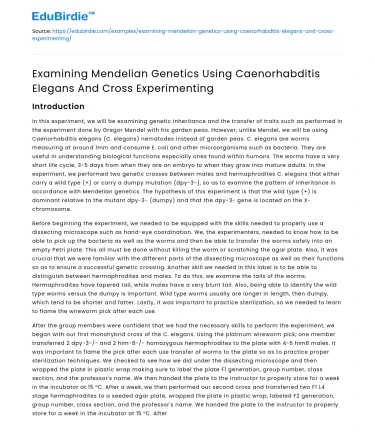 Mendelian Genetics with C Elegans & Cross Experimenting