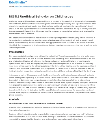 NESTLE Unethical Behavior on Child Issues