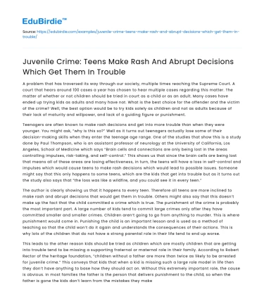 Teen Juvenile Crime: Rash Decisions Lead to Trouble