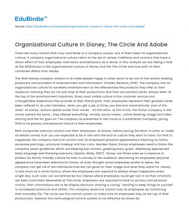 Organizational Culture In Disney, The Circle And Adobe