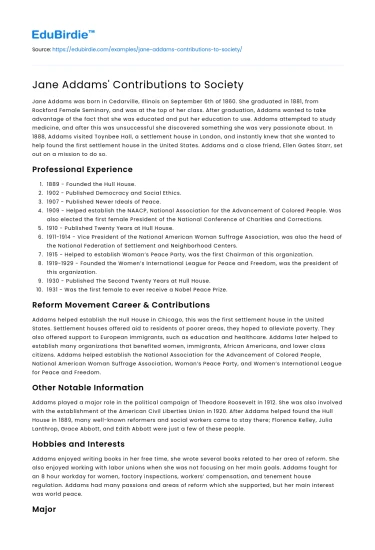 Jane Addams’ Contributions to Society