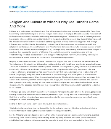 Religion And Culture In Wilson’s Play Joe Turner’s Come And Gone