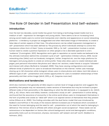 The Role Of Gender In Self Presentation And Self-esteem