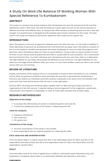 Work Life Balance of Women in Kumbakonam Study
