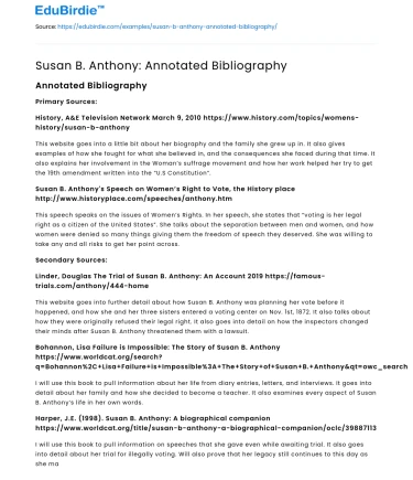 Susan B. Anthony’s Legacy: Annotated Bibliography