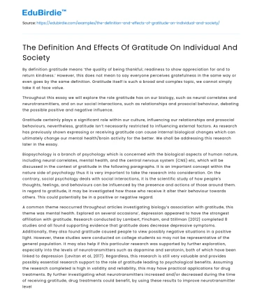 The Definition And Effects Of Gratitude On Individual And Society