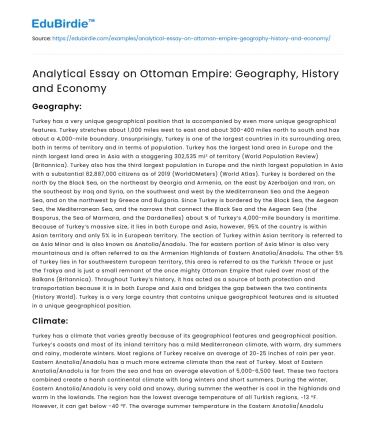 Analytical Essay on Ottoman Empire: Geography, History and Economy