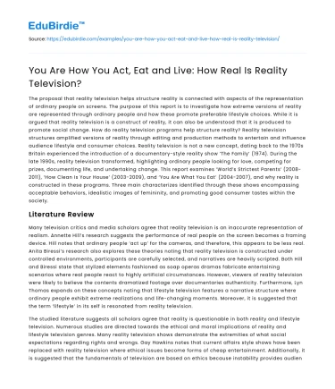 You Are How You Act, Eat and Live: How Real Is Reality Television?