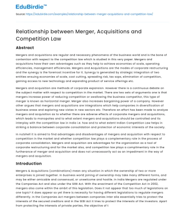 Relationship between Merger, Acquisitions and Competition Law