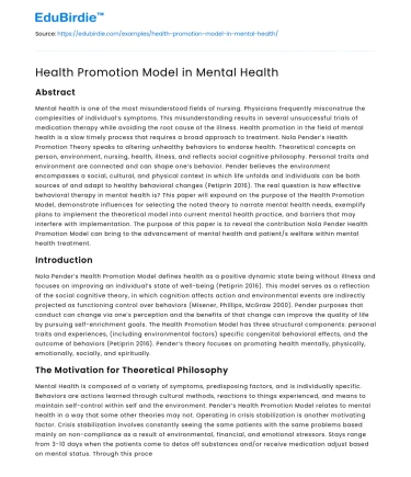 Health Promotion Model in Mental Health