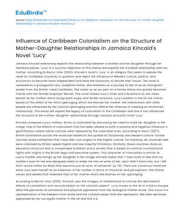 Caribbean Colonialism’s Impact on Mother-Daughter Relationships in Lucy