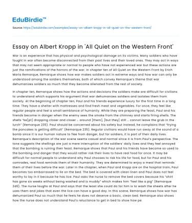 Essay on Albert Kropp in ‘All Quiet on the Western Front’