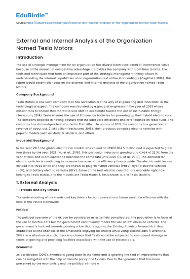External and Internal Analysis of the Organization Named Tesla Motors