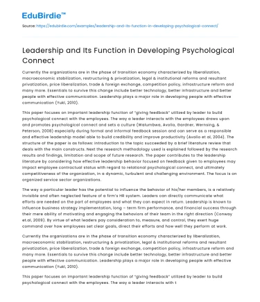 Leadership and Its Function in Developing Psychological Connect