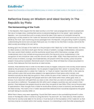 Reflective Essay on Wisdom and Ideal Society in The Republic by Plato