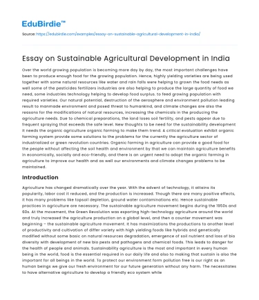 Essay on Sustainable Agricultural Development in India