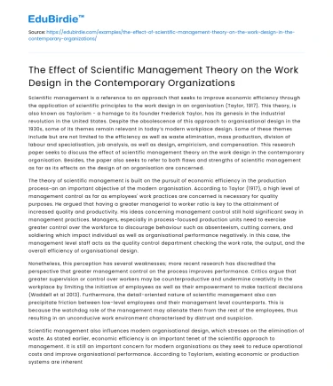 Impact of Scientific Management on Contemporary Work Design