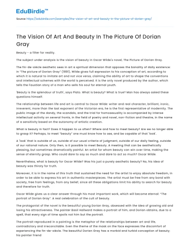 The Vision Of Art And Beauty In The Picture Of Dorian Gray