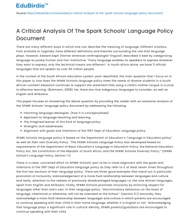 A Critical Analysis Of The Spark Schools’ Language Policy Document