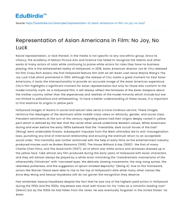 Representation of Asian Americans in Film: No Joy, No Luck