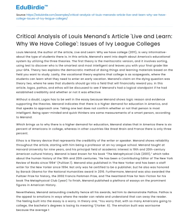 Analysis of Louis Menand’s ‘Live and Learn: Why We Have College’