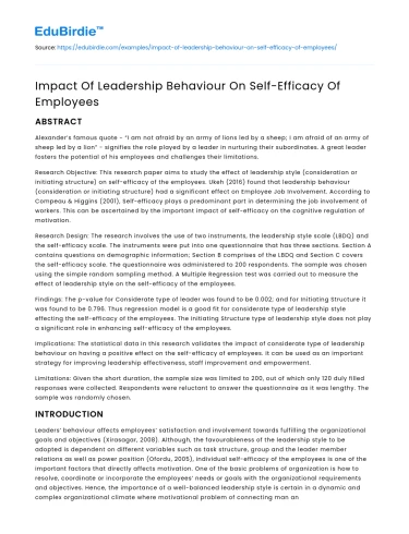 Impact Of Leadership Behaviour On Self-Efficacy Of Employees